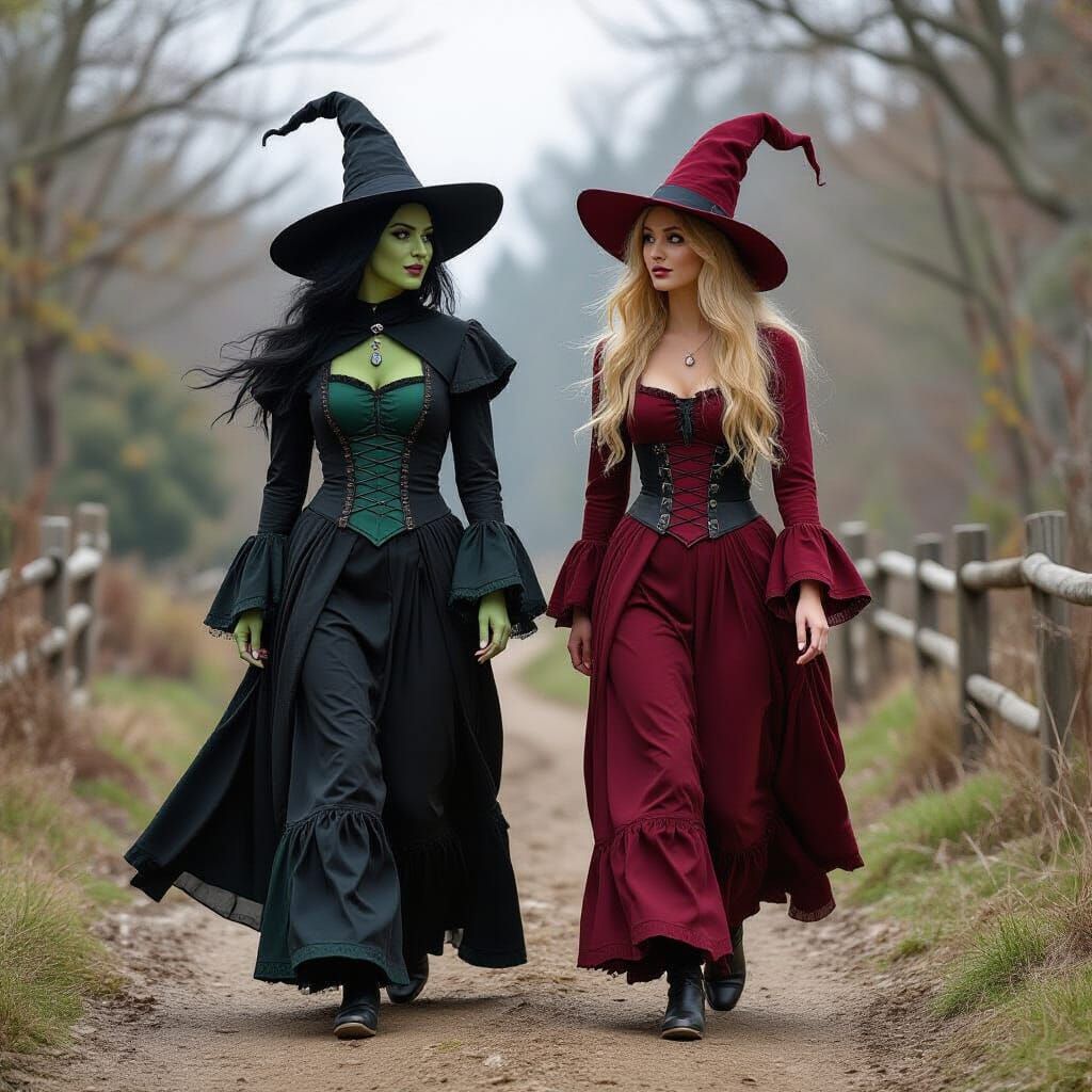 Two Witches Walking in a Windy Landscape