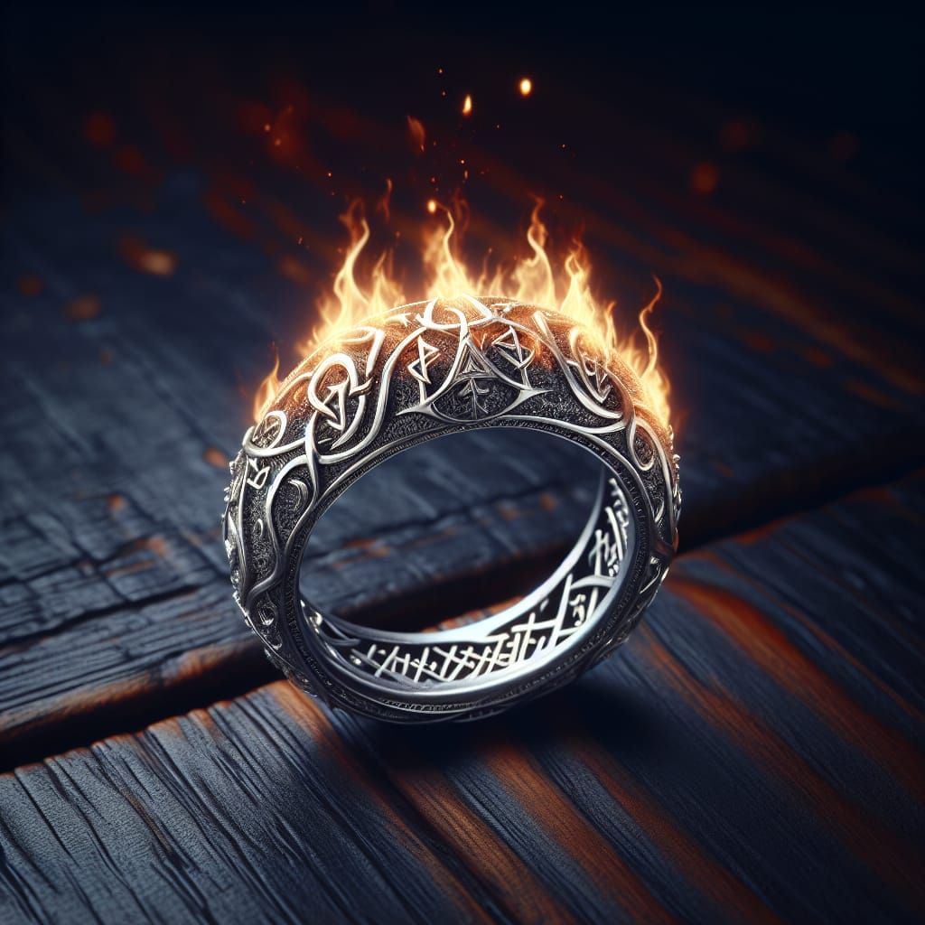 Silver Ring with Elvish Runes Enwreathed in Fire