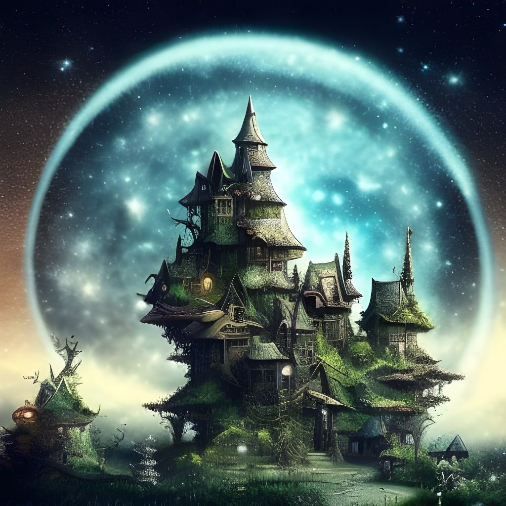 Clockpunk Crystal Bonsai Village Under Starry Sky
