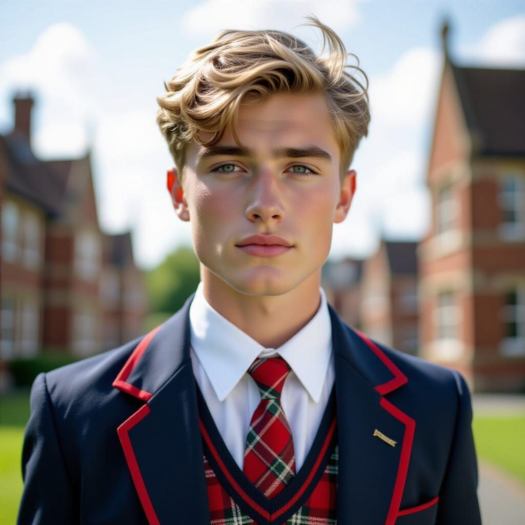Young Man in English School Uniform at University