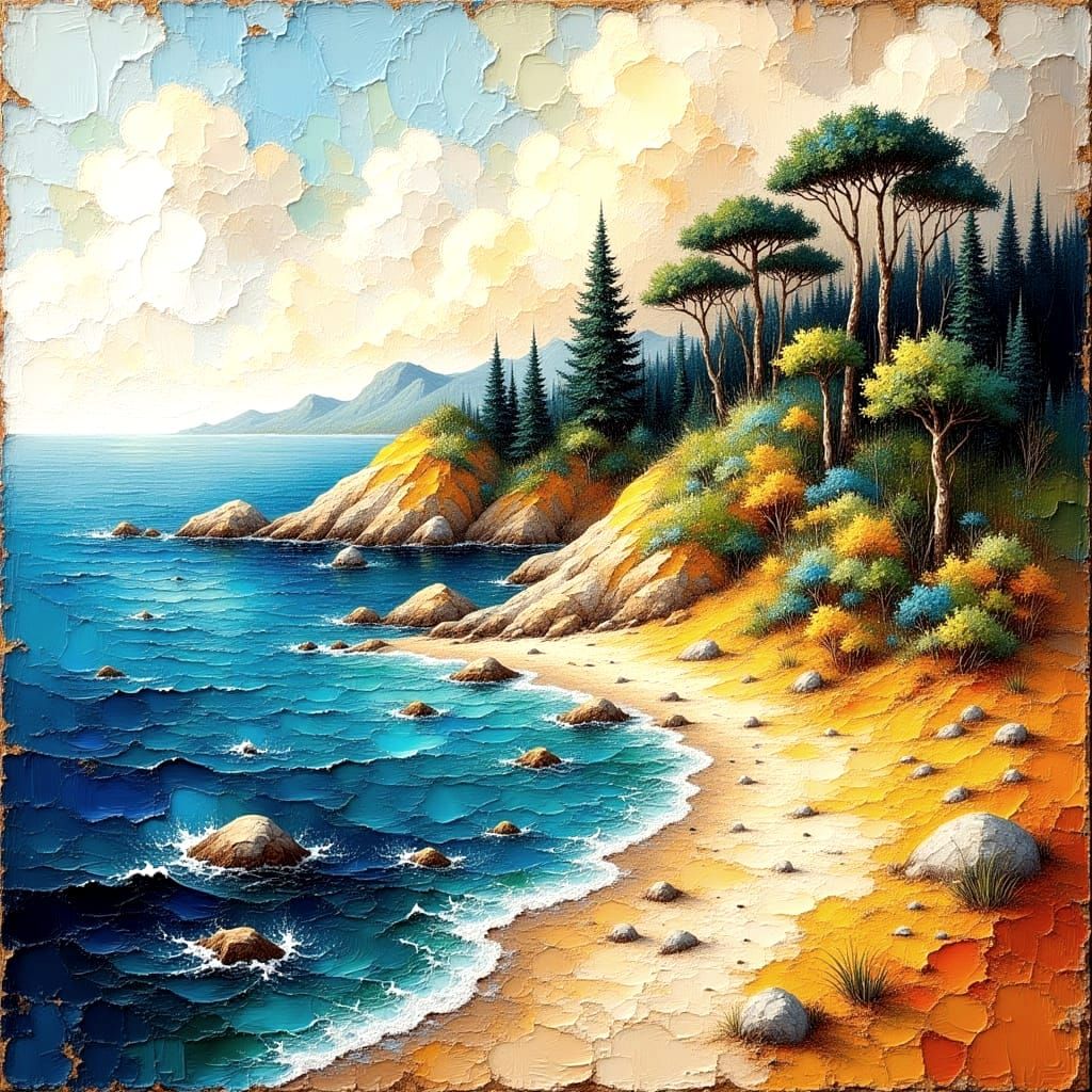 Rocky Shoreline in Volumetric Oil Painting Style