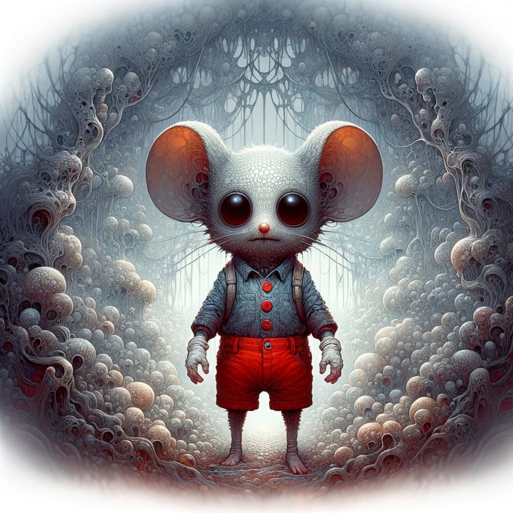 Eerie Watercolor Scene with Creepy Mouse