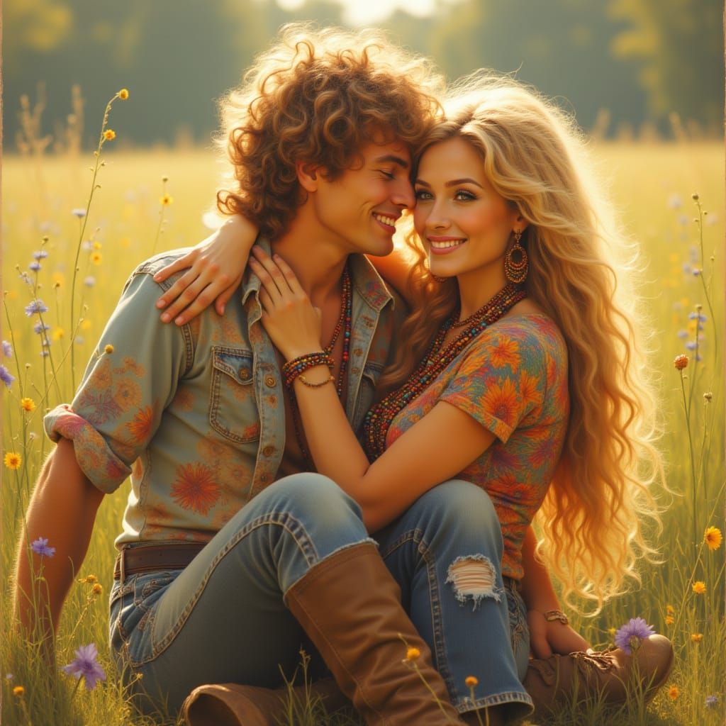 <lora:Polly:1.0> Polly Hippy girl on a embraces her lover Blondie