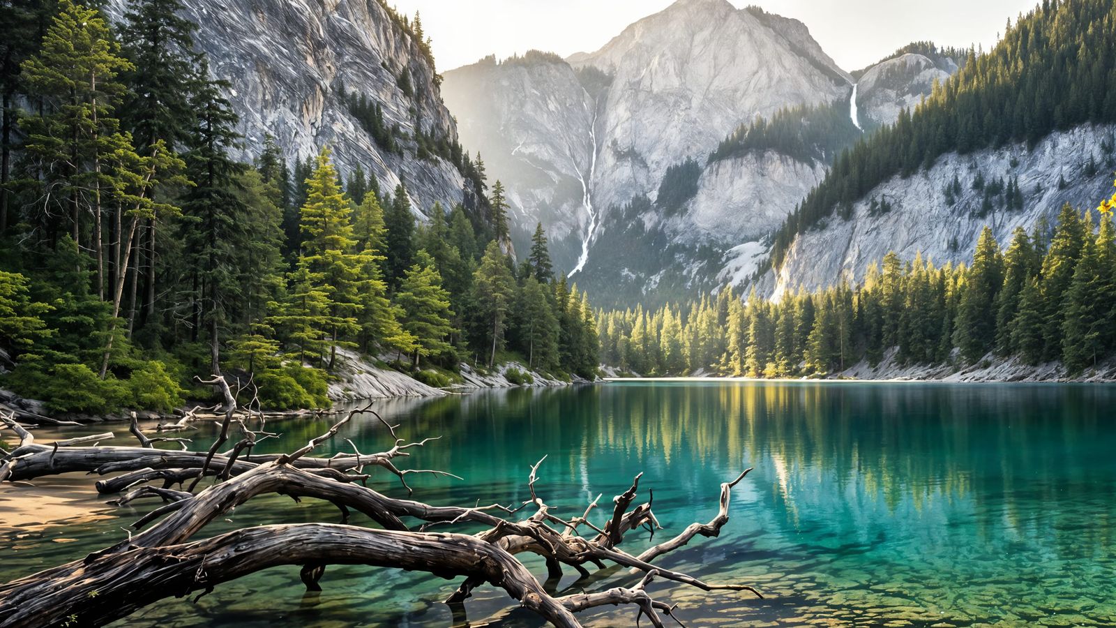 Serene Alpine Lake with Mountains and Waterfalls