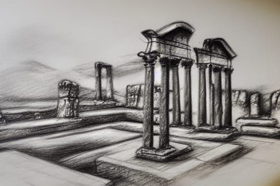 Ancient Roman Ruined City Charcoal Sketch