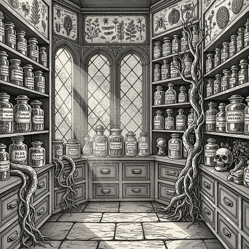 19th Century Apothecary Interior in Etched Style