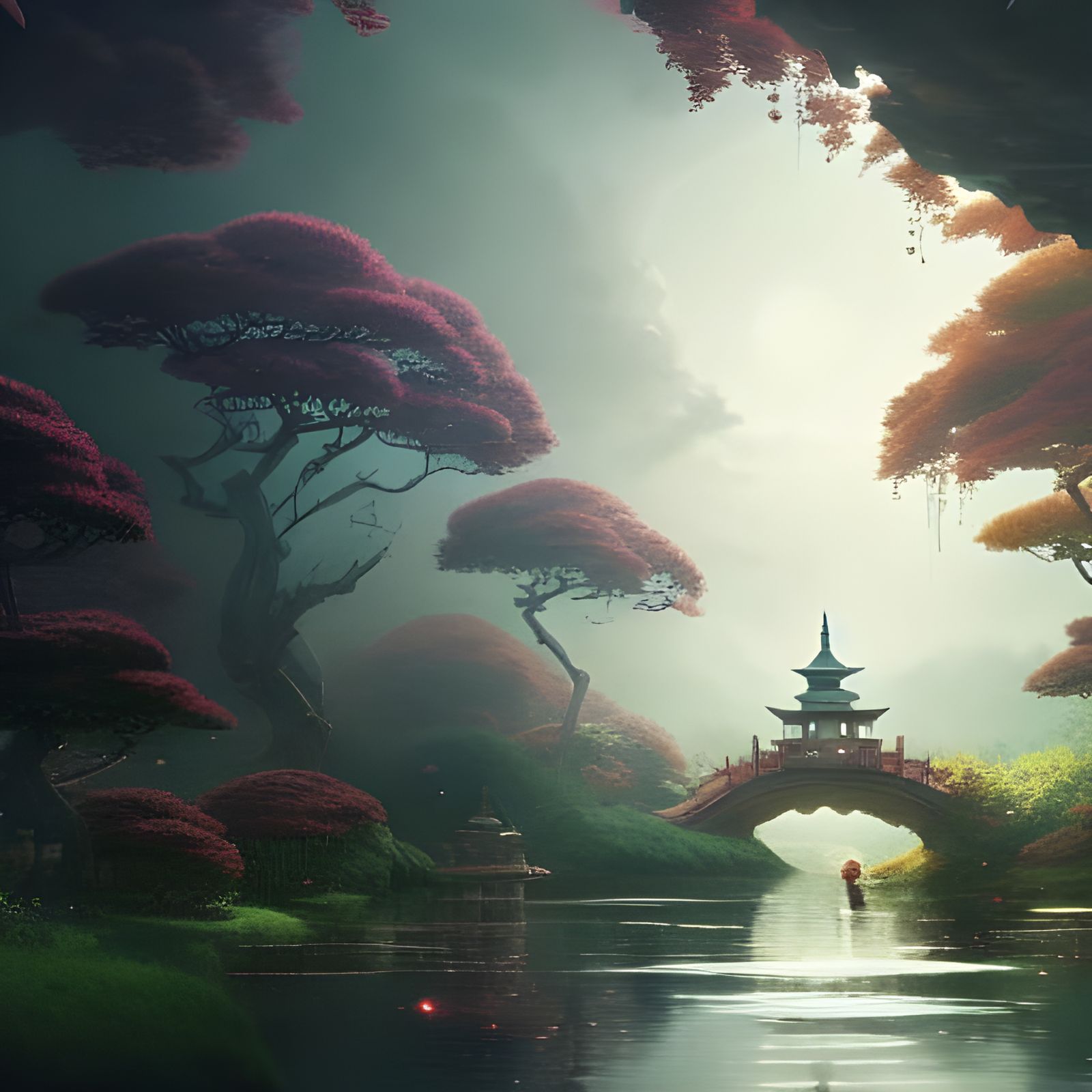 Cinematic Cherry Tree River in Ghibli Style