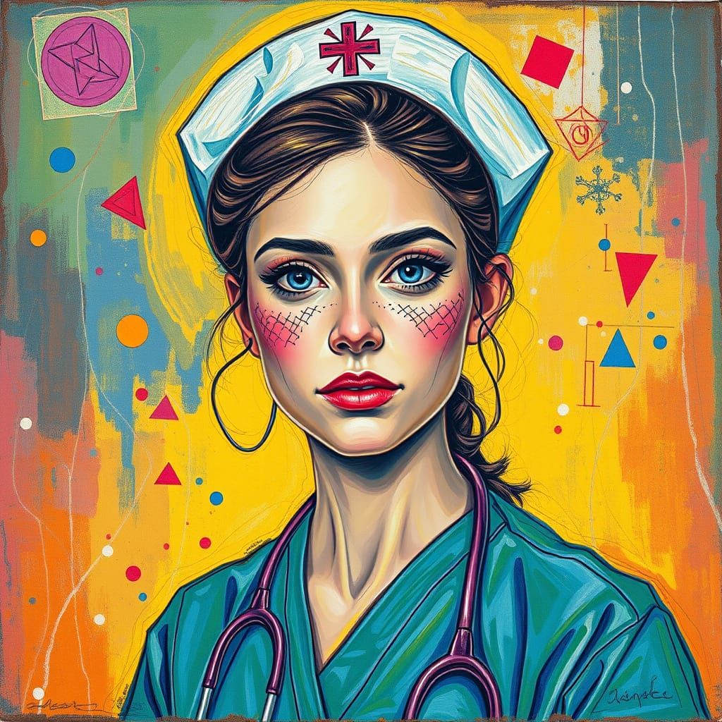 Vibrant Nurse Portrait in Psychedelic Oil Pastel