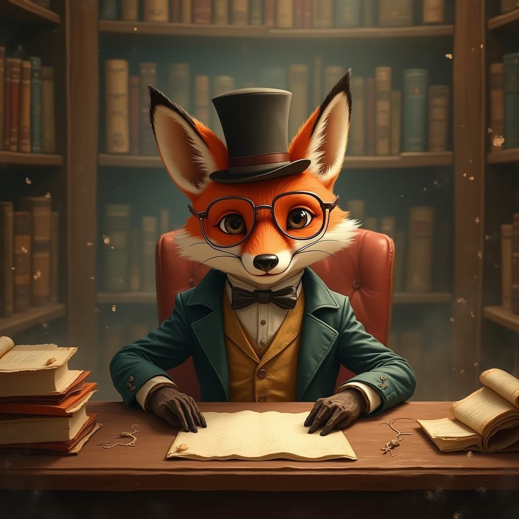 Vintage Fox Scholar in Antique Library
