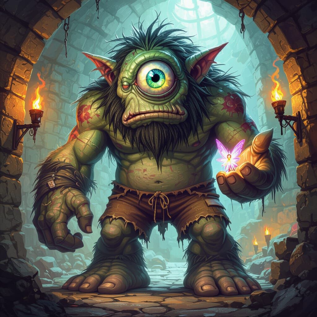 Sad Cyclops Holds Glowing Fairy in Torchlit Dungeon