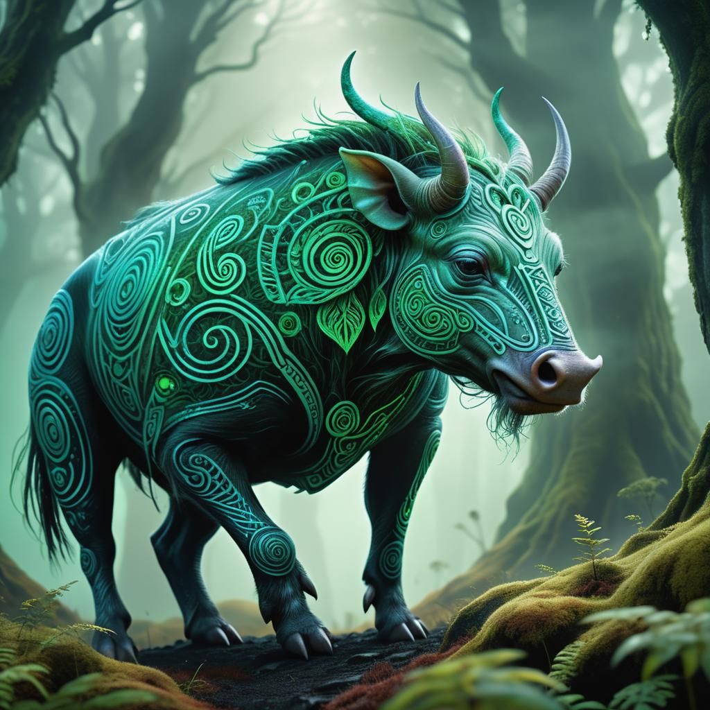 Iridescent Alien Warthog in Bioluminescent Forest