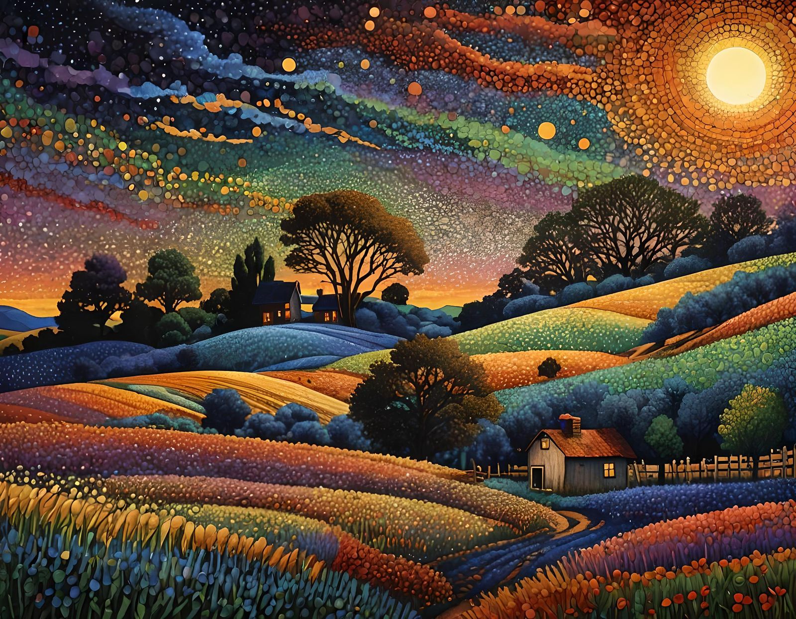 Pointillist Sunset Over Wheat Field in Twilight