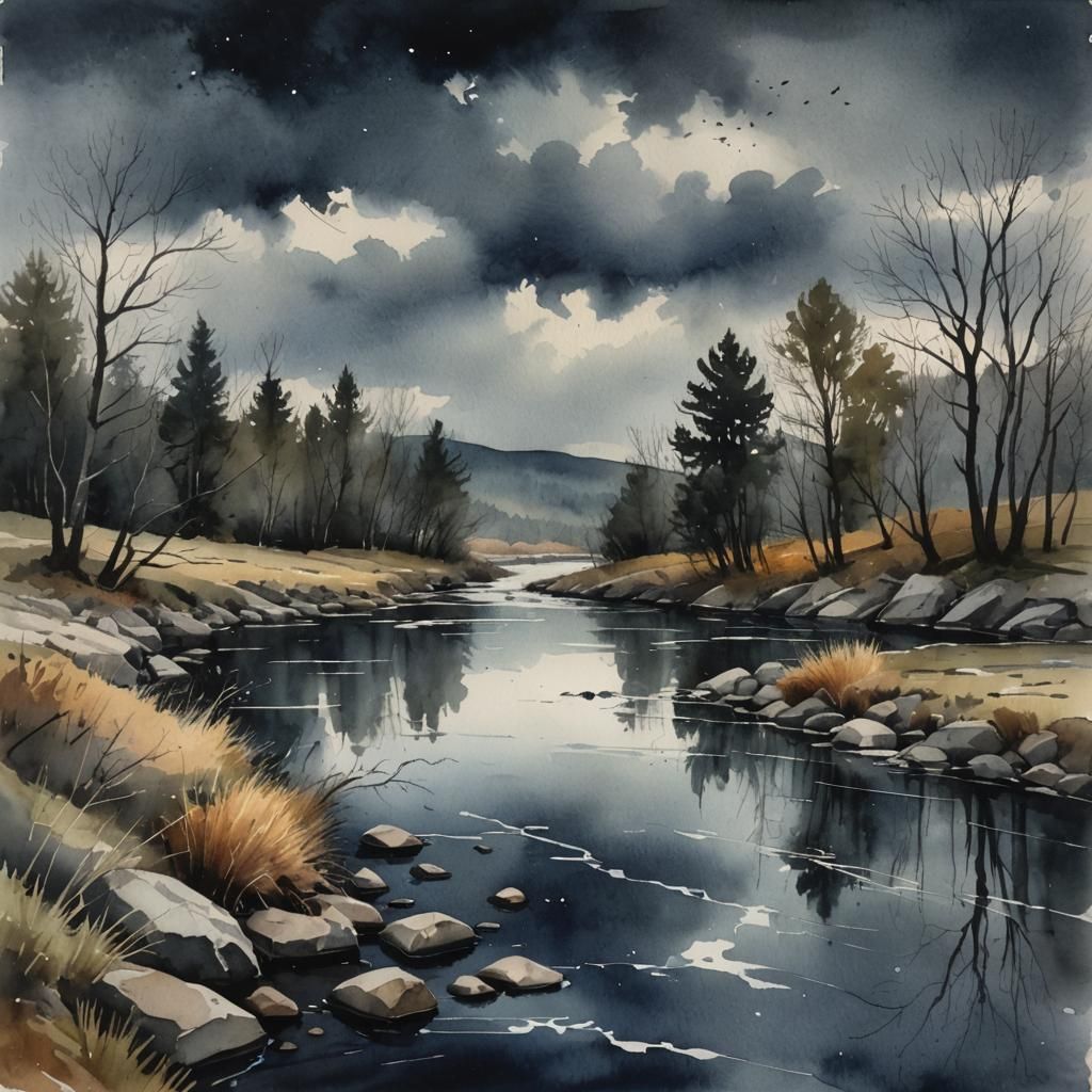 Moody River in Watercolor Landscape