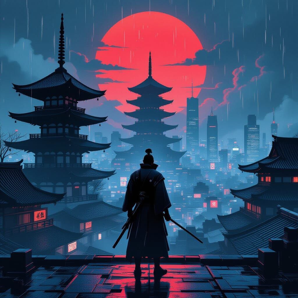 Blade Runner Poster: Samurai Warrior in Neon City