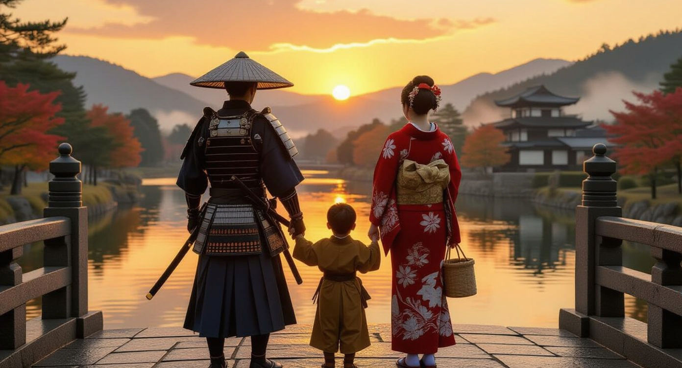 Japanese Samurai Family at Sunset in Hokusai Style