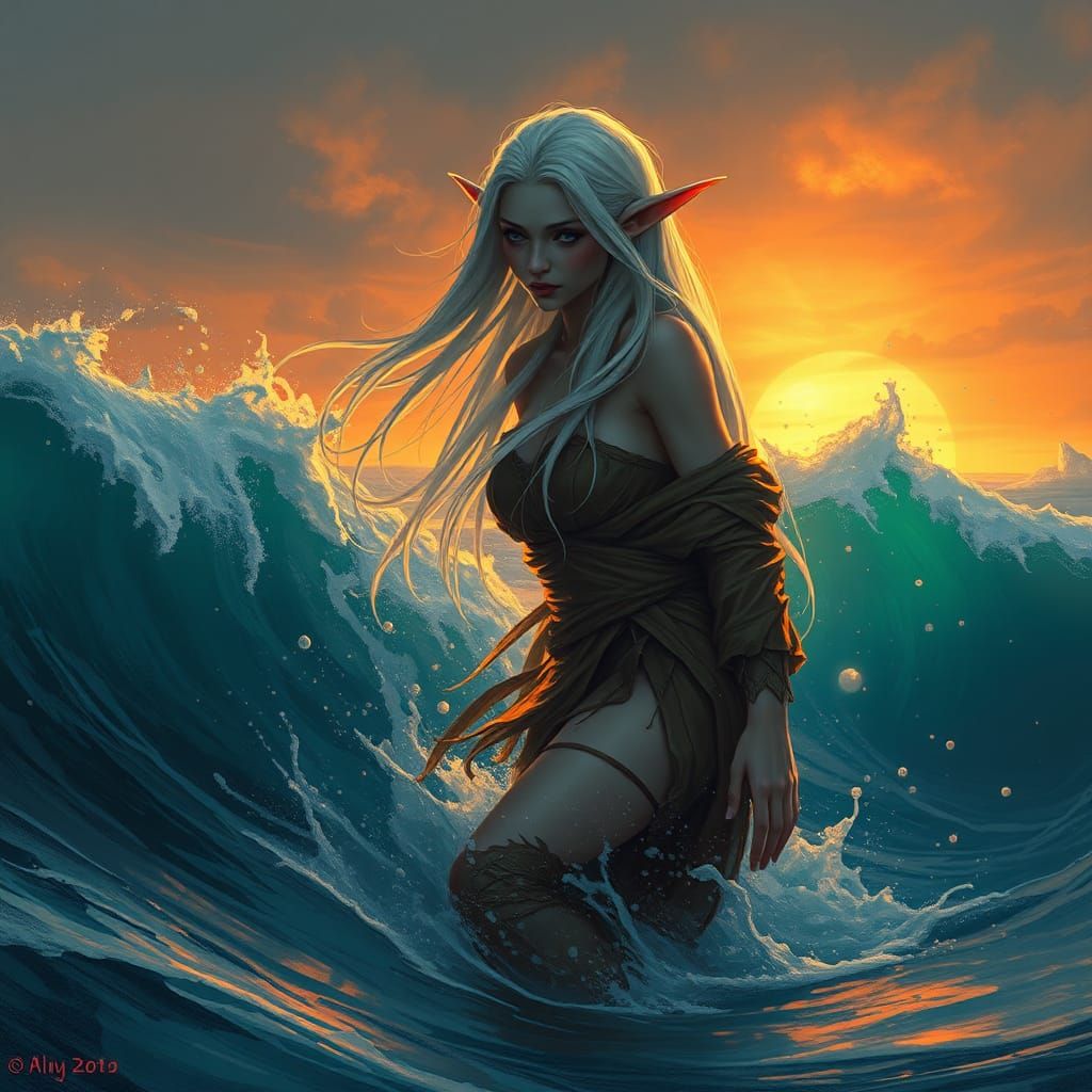 Ethereal Elf Drowning in Ocean: Digital Art