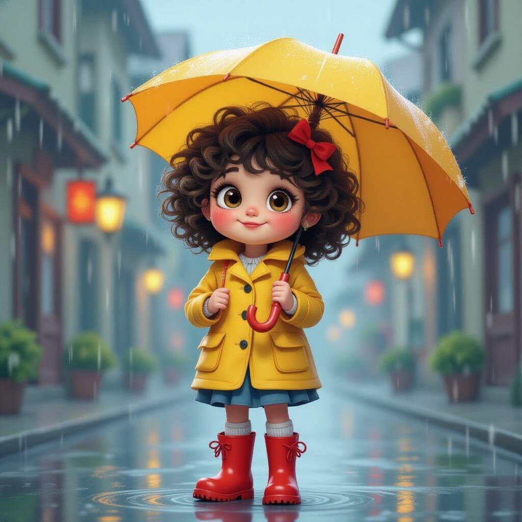 Dreamy Girl in Rain Boots Holds Yellow Umbrella