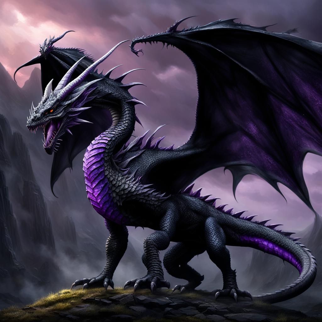Scarred Black Dragon with Purple Scar, Digital Art