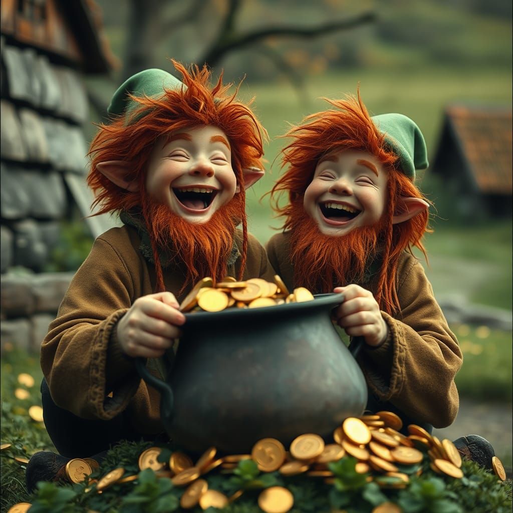 Laughing Leprechauns with Kettle of Gold
