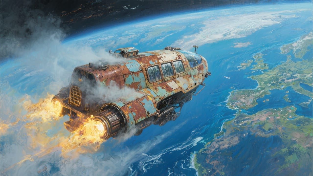 Vintage Spaceship Soaring Past Cerulean Planet in Painterly ...