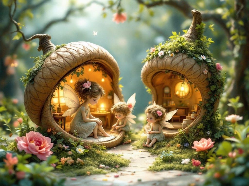 Enchanted Pixie Family in Whimsical Forest Habitat