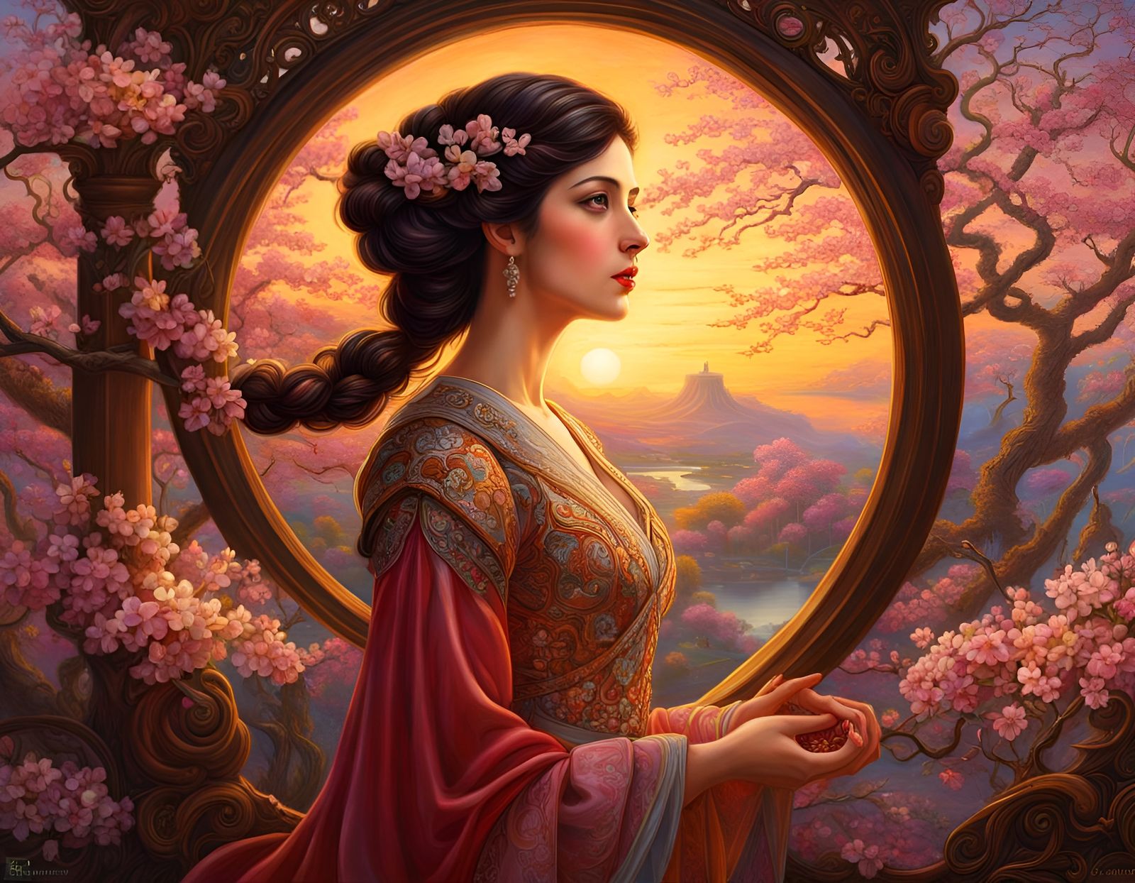 Lady with Cherry Blossoms: Art Nouveau Oil Painting