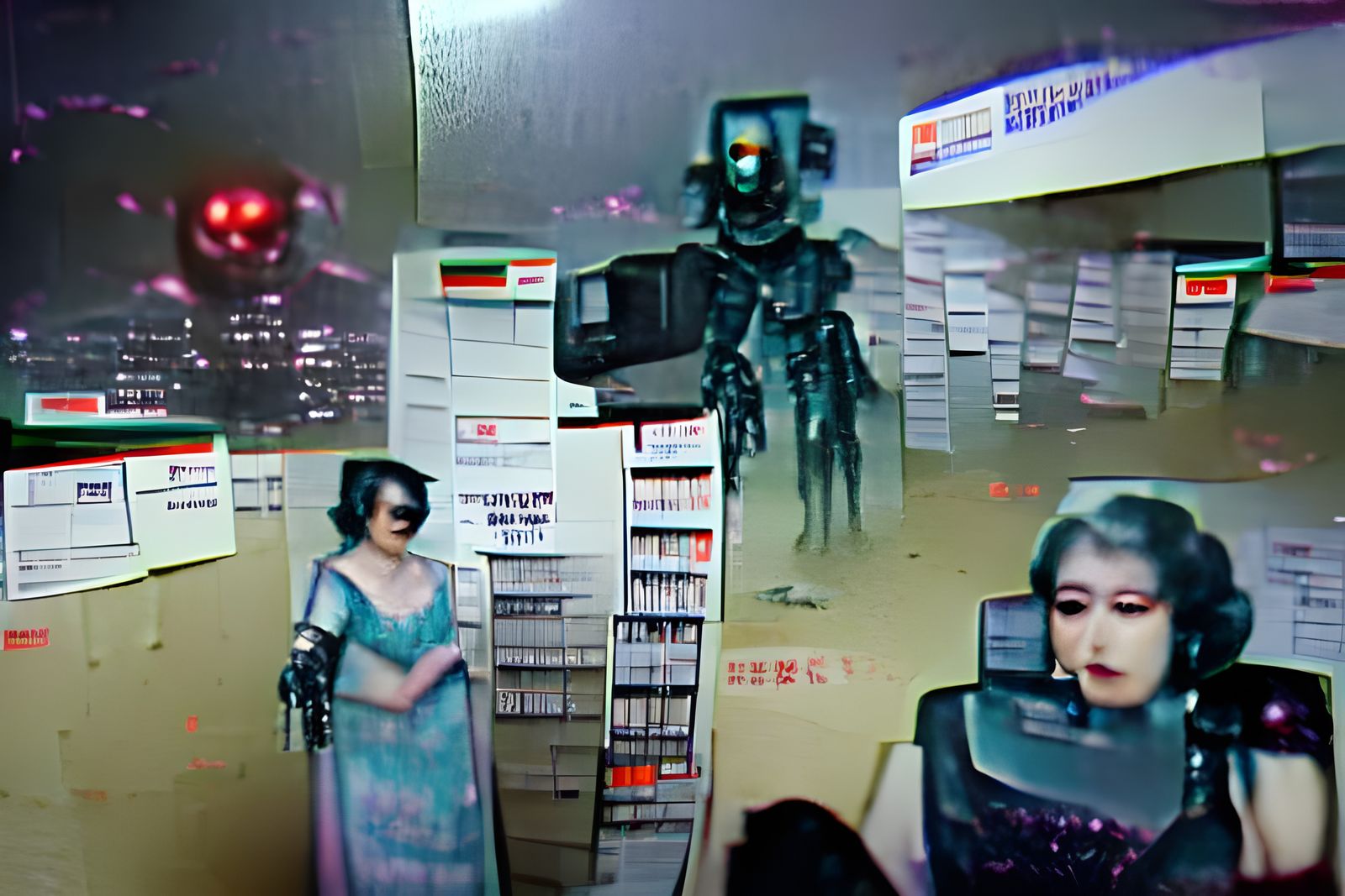 Cyberpunk Killer Robots Patrol Ruined Supermarket