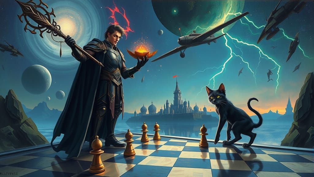 Cosmic Knight Emerges from Ruins in a Glimmering Void