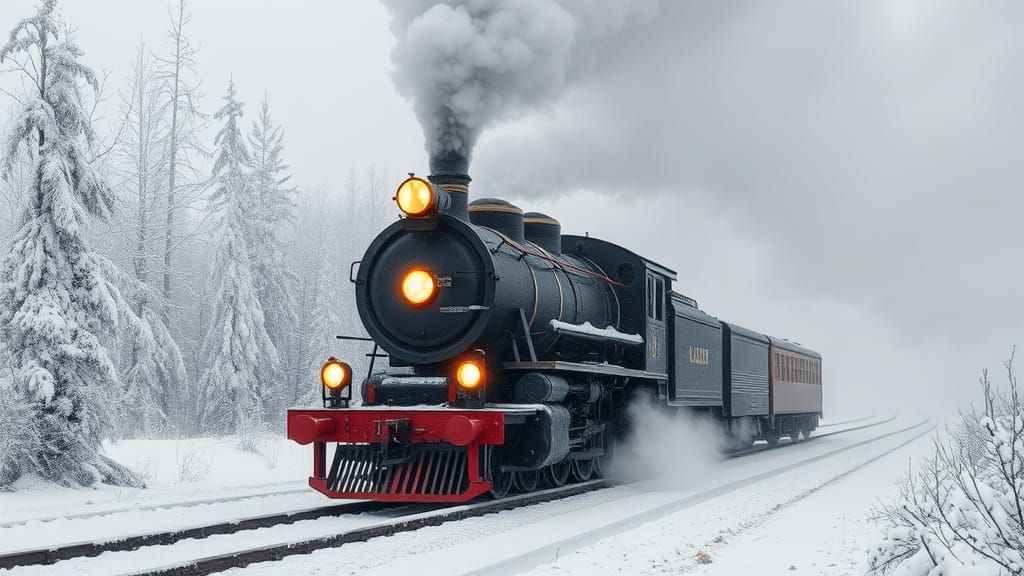 Classic Steam Locomotive Rides into Winter Landscape with Gl...