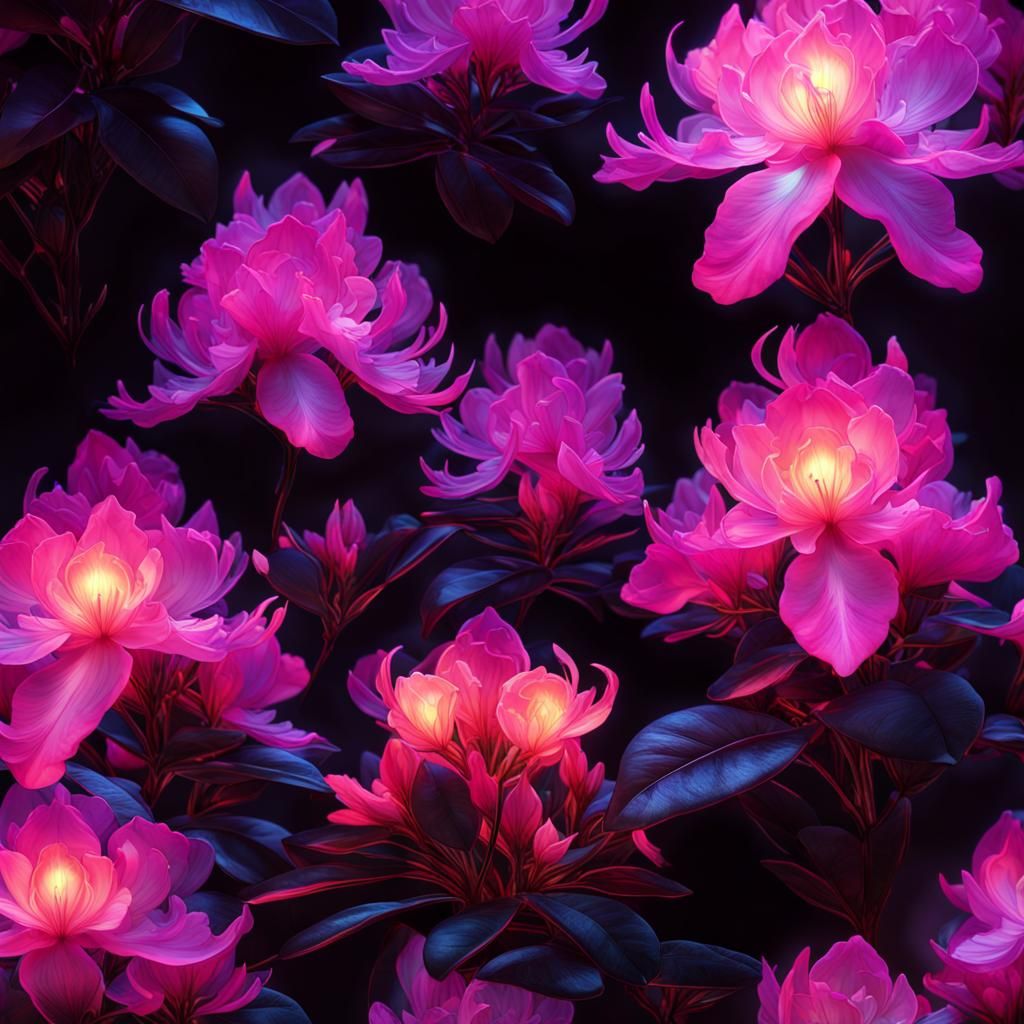 Glowing Glass Rhododendrons in Blacklight