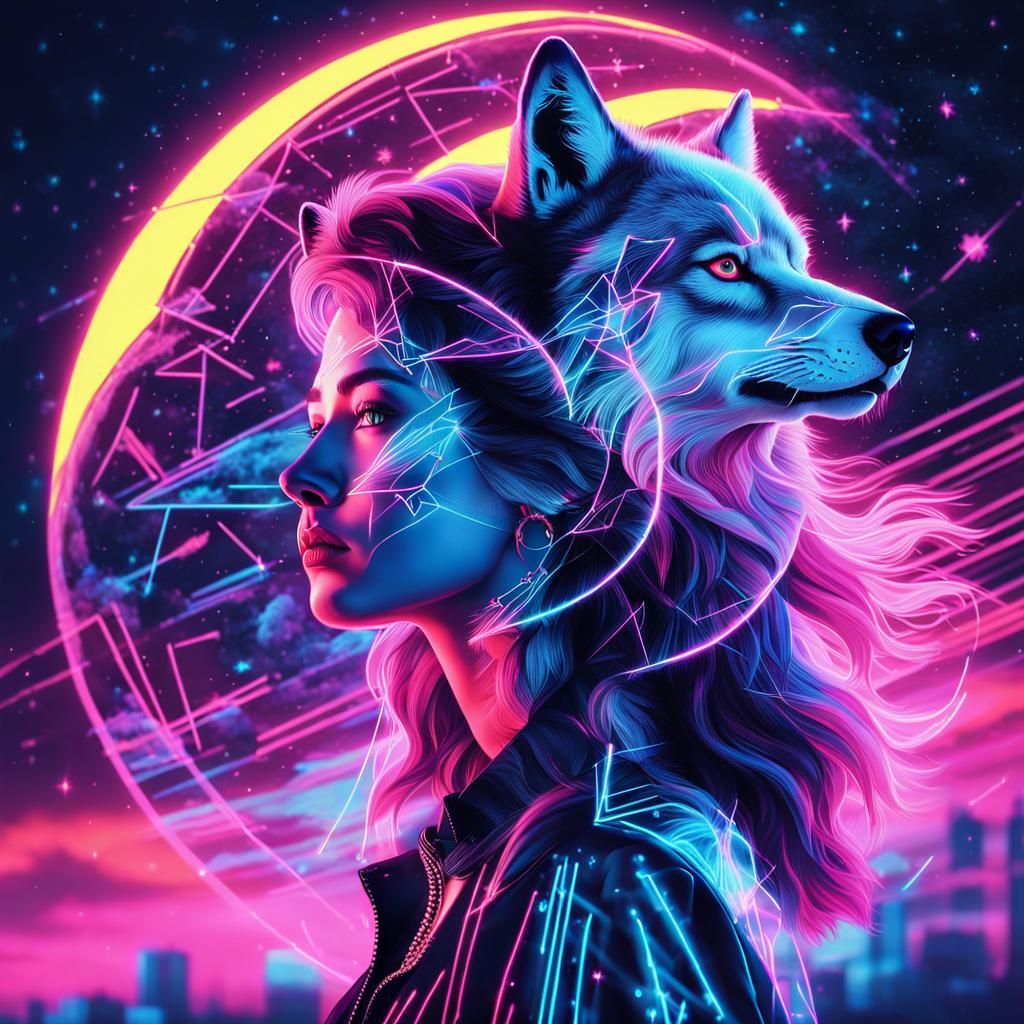 Synthwave Double Exposure: Wolf and Woman in Neon