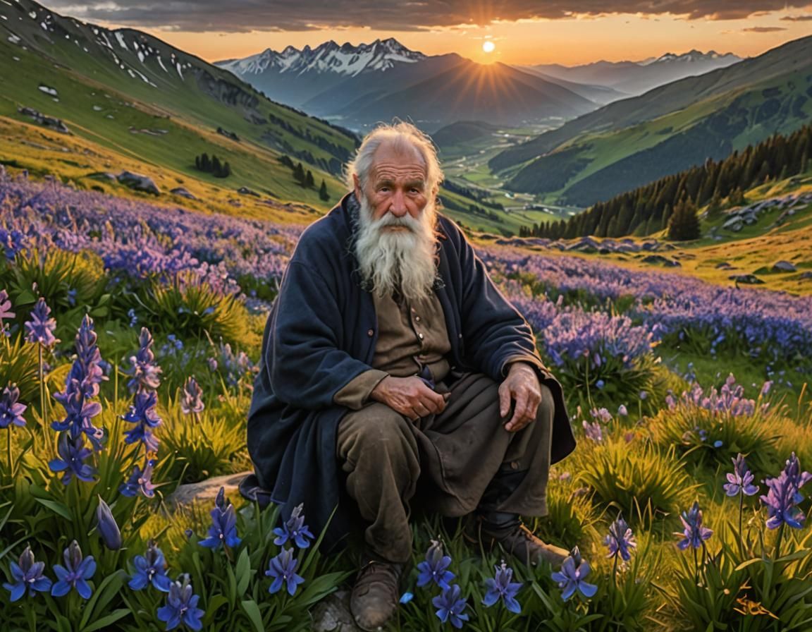 Shepherd Watches Sunset in Mountain Meadow