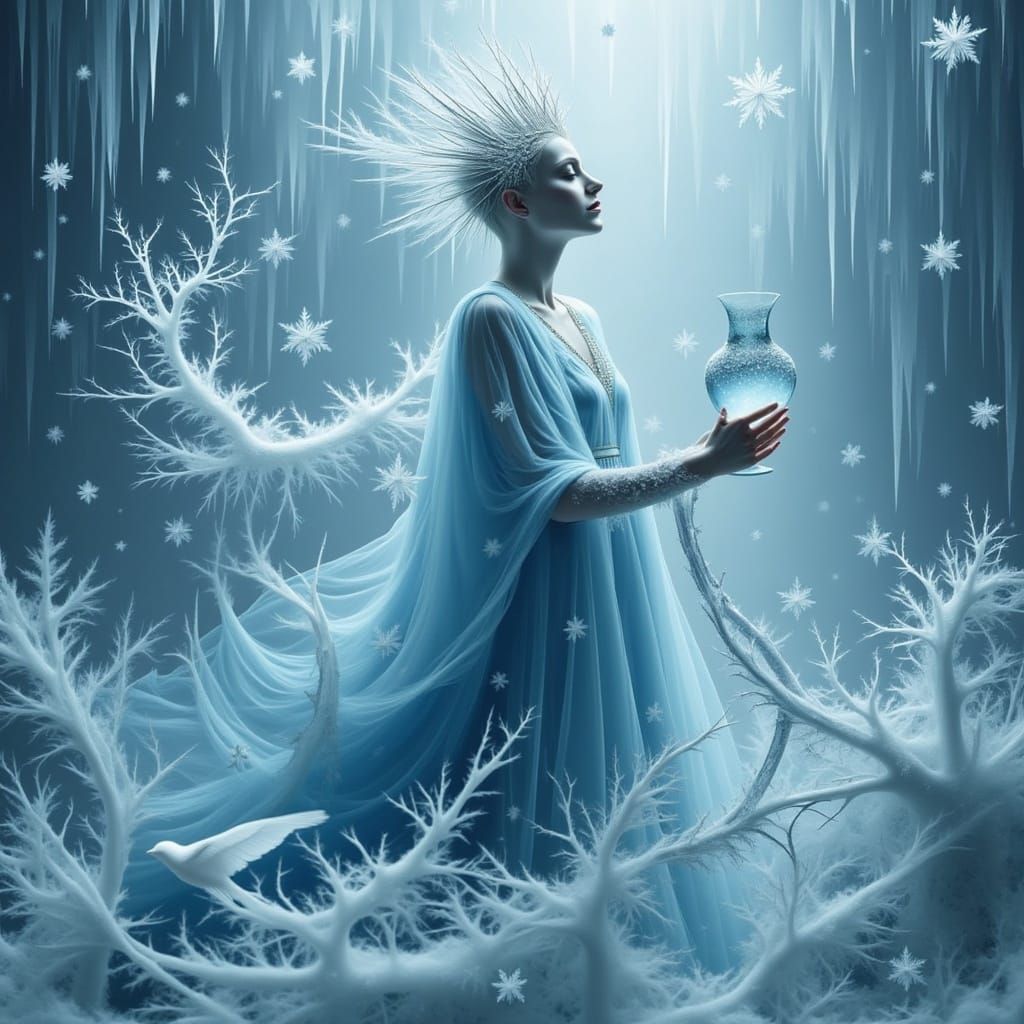 Ethereal Aquarius Goddess Weaves River of Crystal Snow