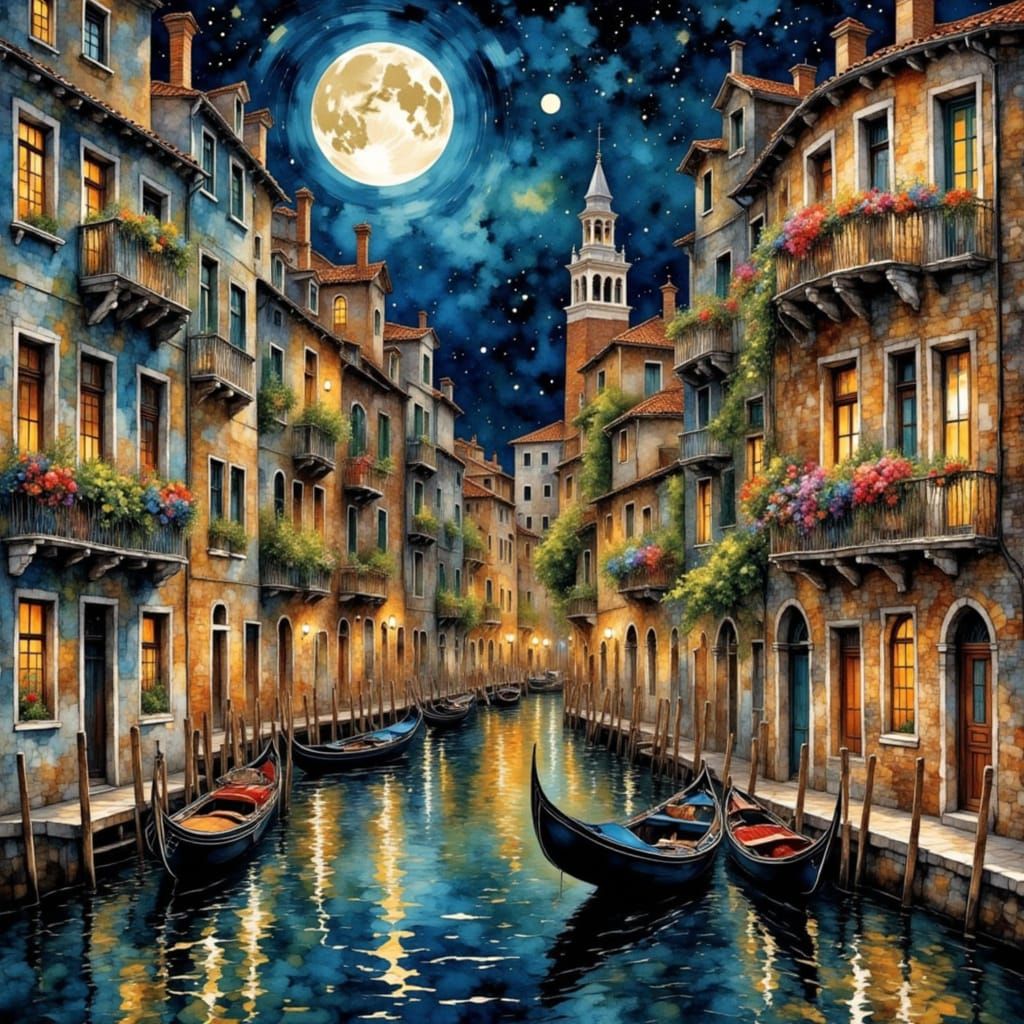Moonlit Venice Canale Grande in Vibrant Watercolour