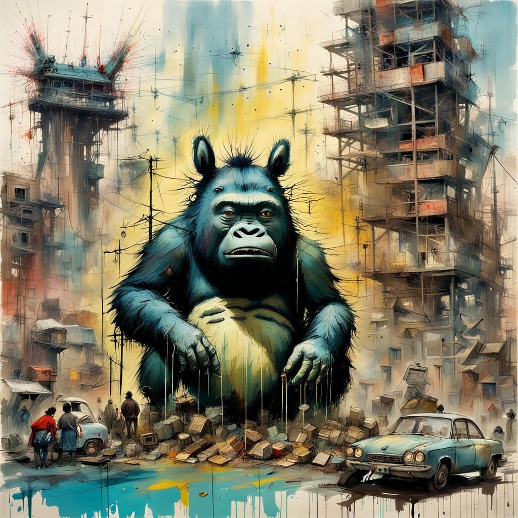 Surreal Totoro-Gorilla Tantrum in Dystopian Art