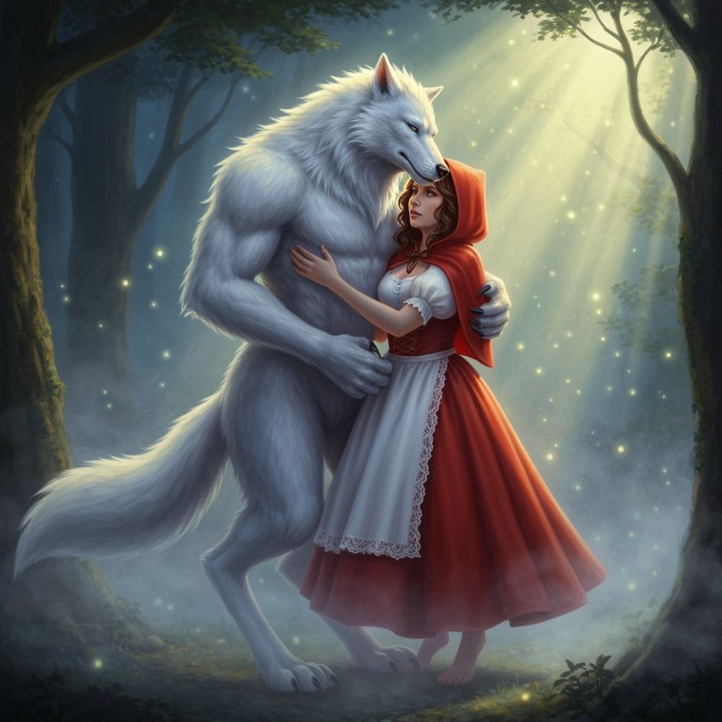 Red Riding Hood Embraced by Werewolf in Misty Forest