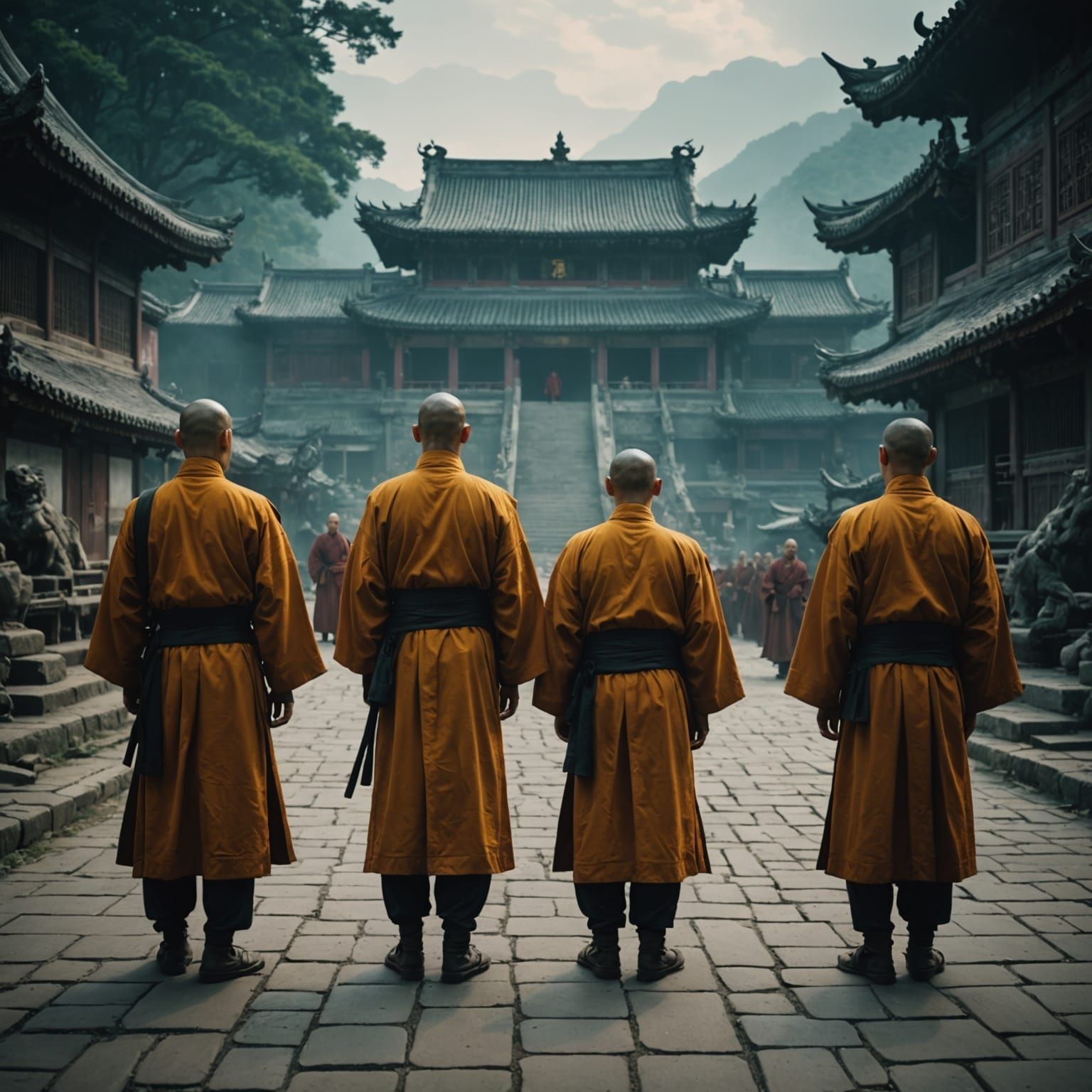 Monks in Cinematic Film Still