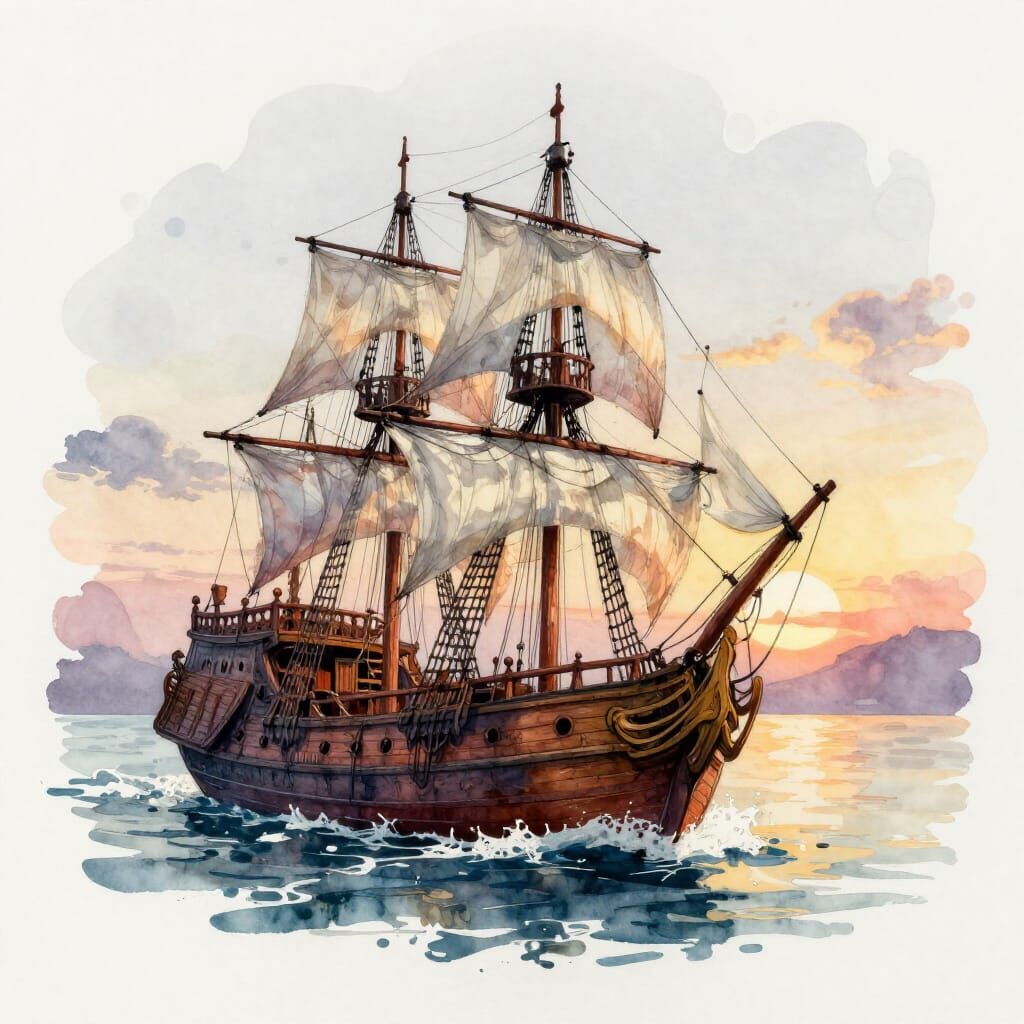Old Pirate Ship at Sunset Watercolour Sketch