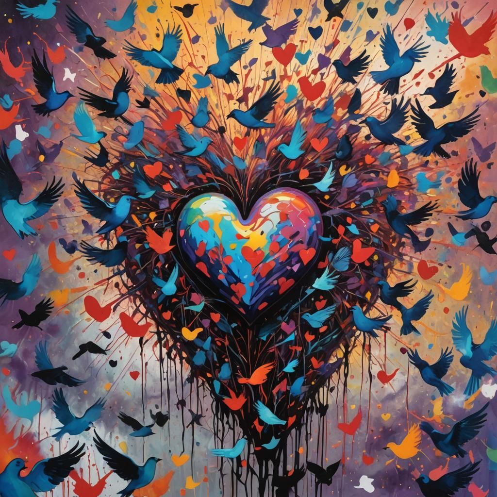 Heart Bursting with Birds: Graffiti and Op Art Fusion