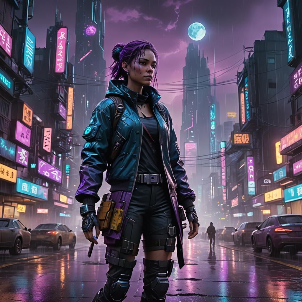 Cyberpunk Protagonist in Alien City, Digital Art