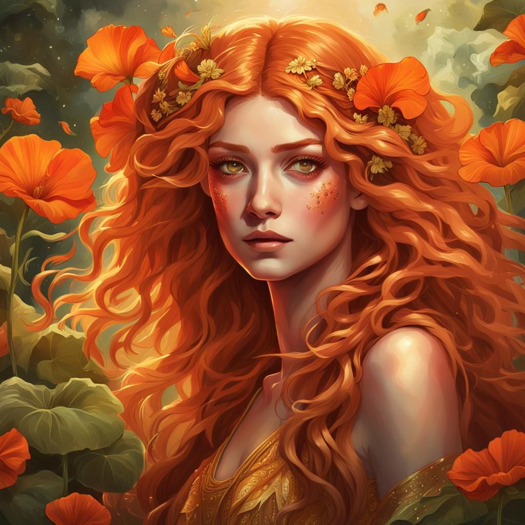 Fairy Portrait with Nasturtium Flower, Hyperrealistic Art