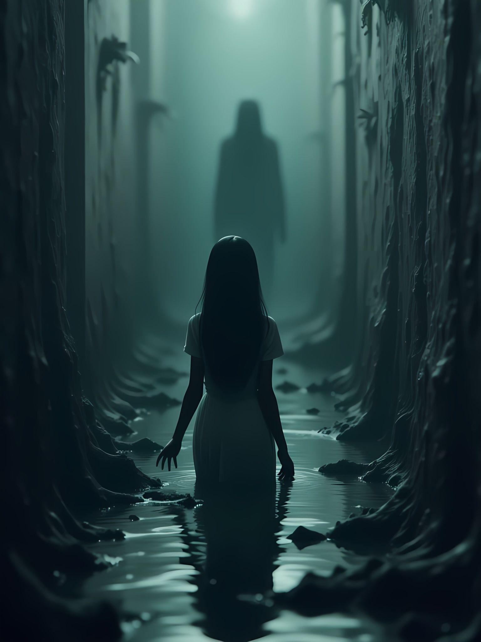 Ethereal Girl Led by a Ghost to a Haunting Water's Edge