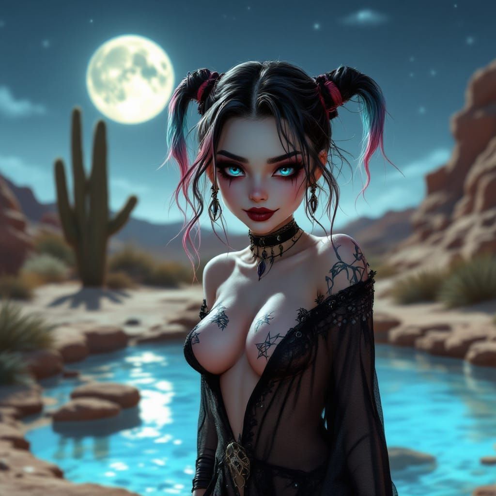 Goth Harley Quinn in Desert Moonlight