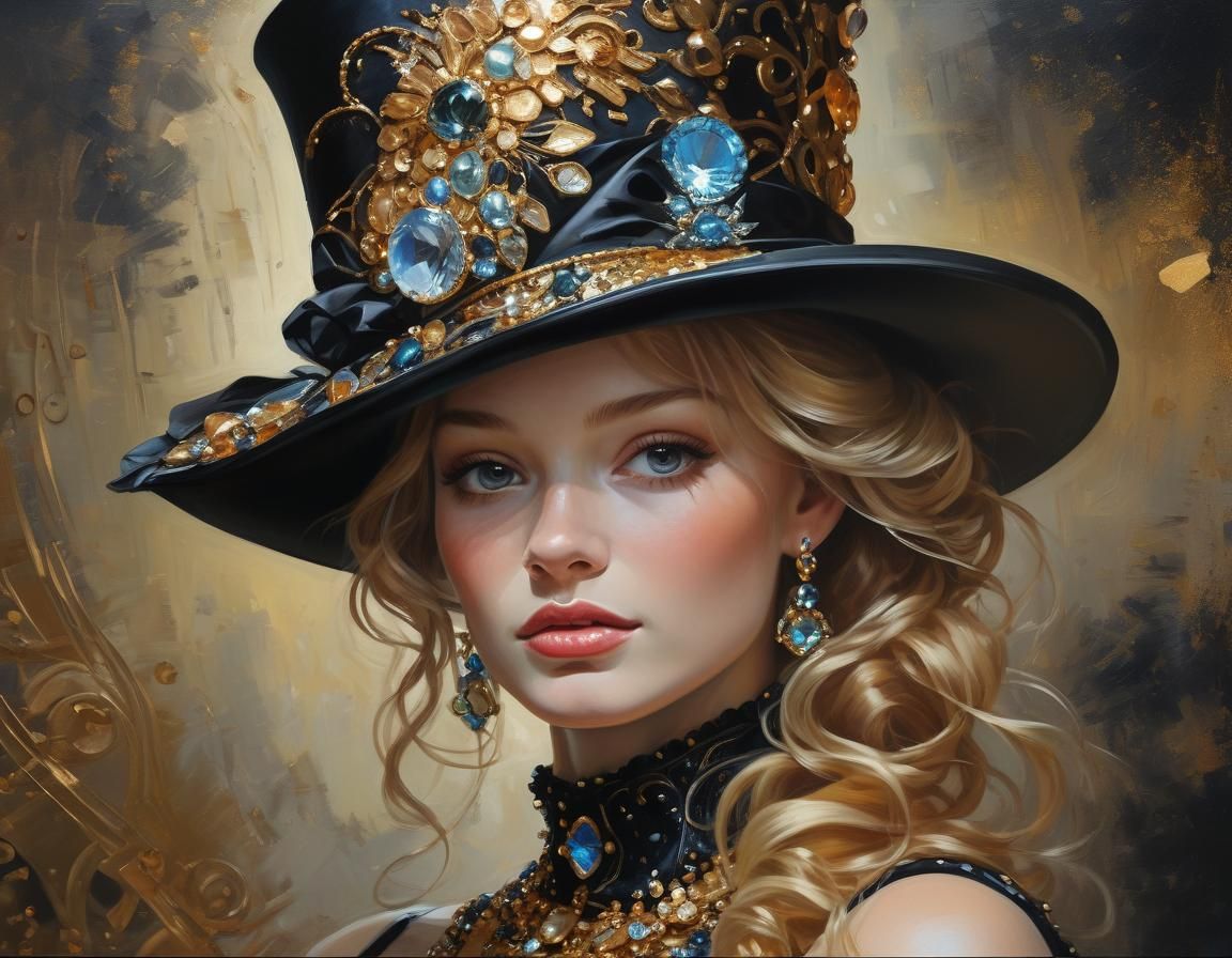 Bejeweled Top Hat Portrait in Impressionist Style