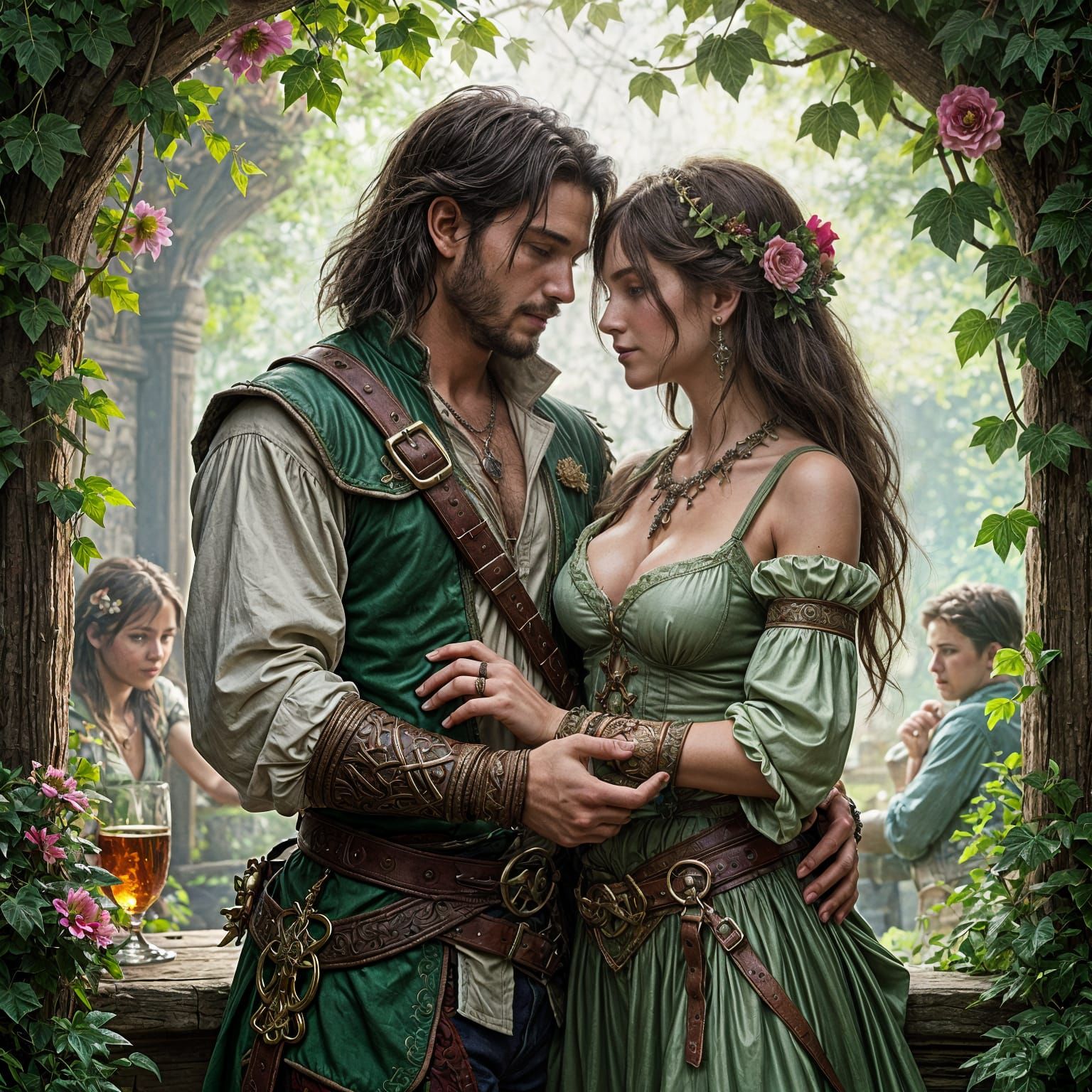 Romantic Tavern Encounter in Hyperrealistic Style