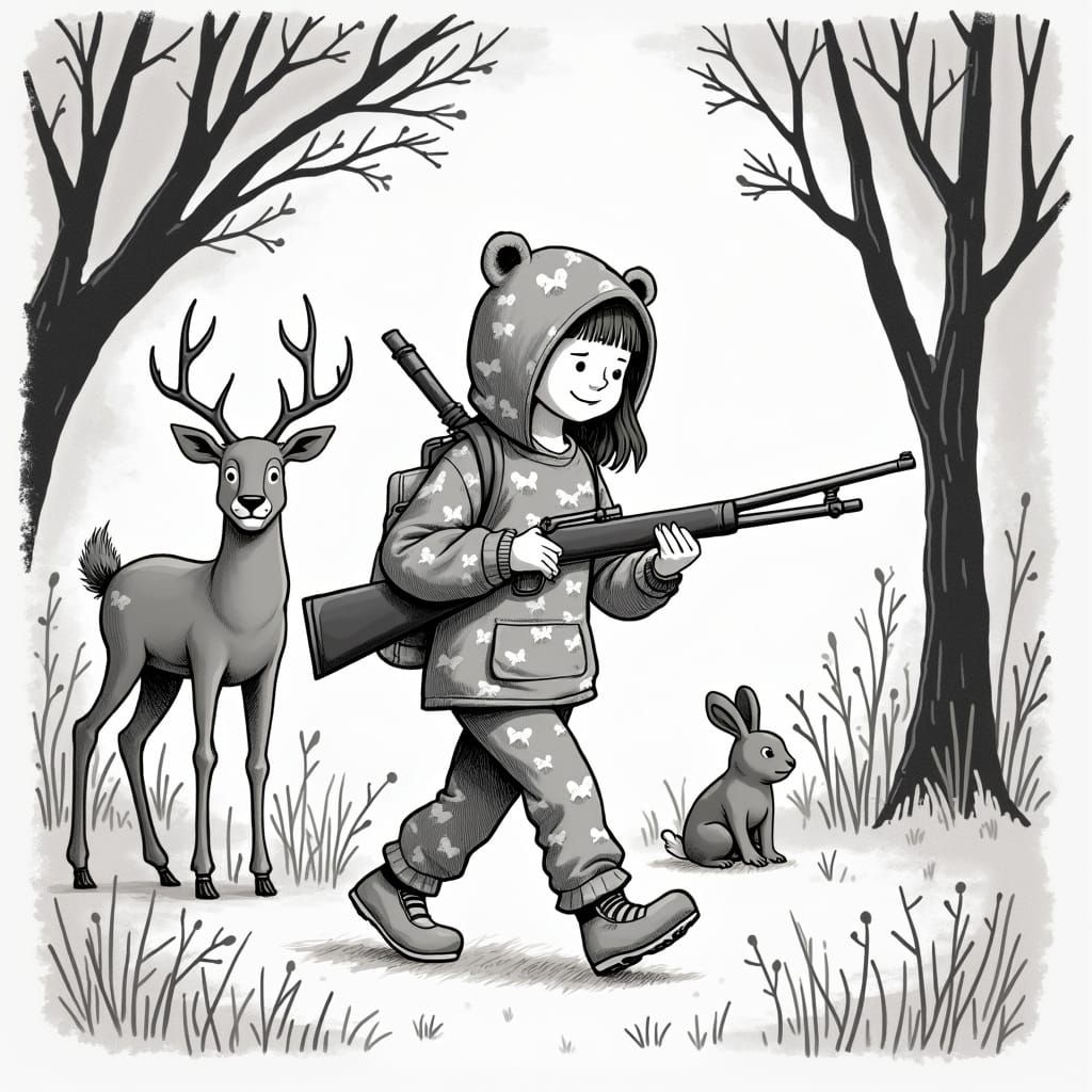 Little Girl in Bear Pajamas Walks Through Woodland Scene wit...