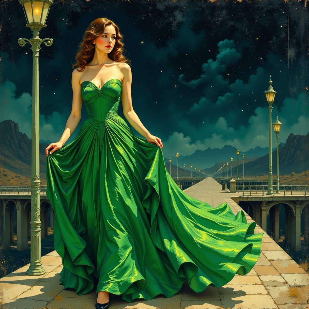 Woman in Emerald Gown on Viaduct
