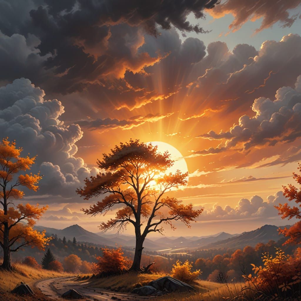 Autumn Sunset Digital Painting with Golden Light
