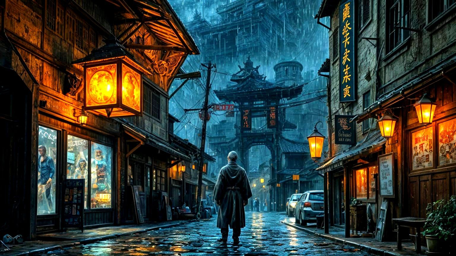 Japanese Tavern Alleyway at Night, Rainy & Cinematic