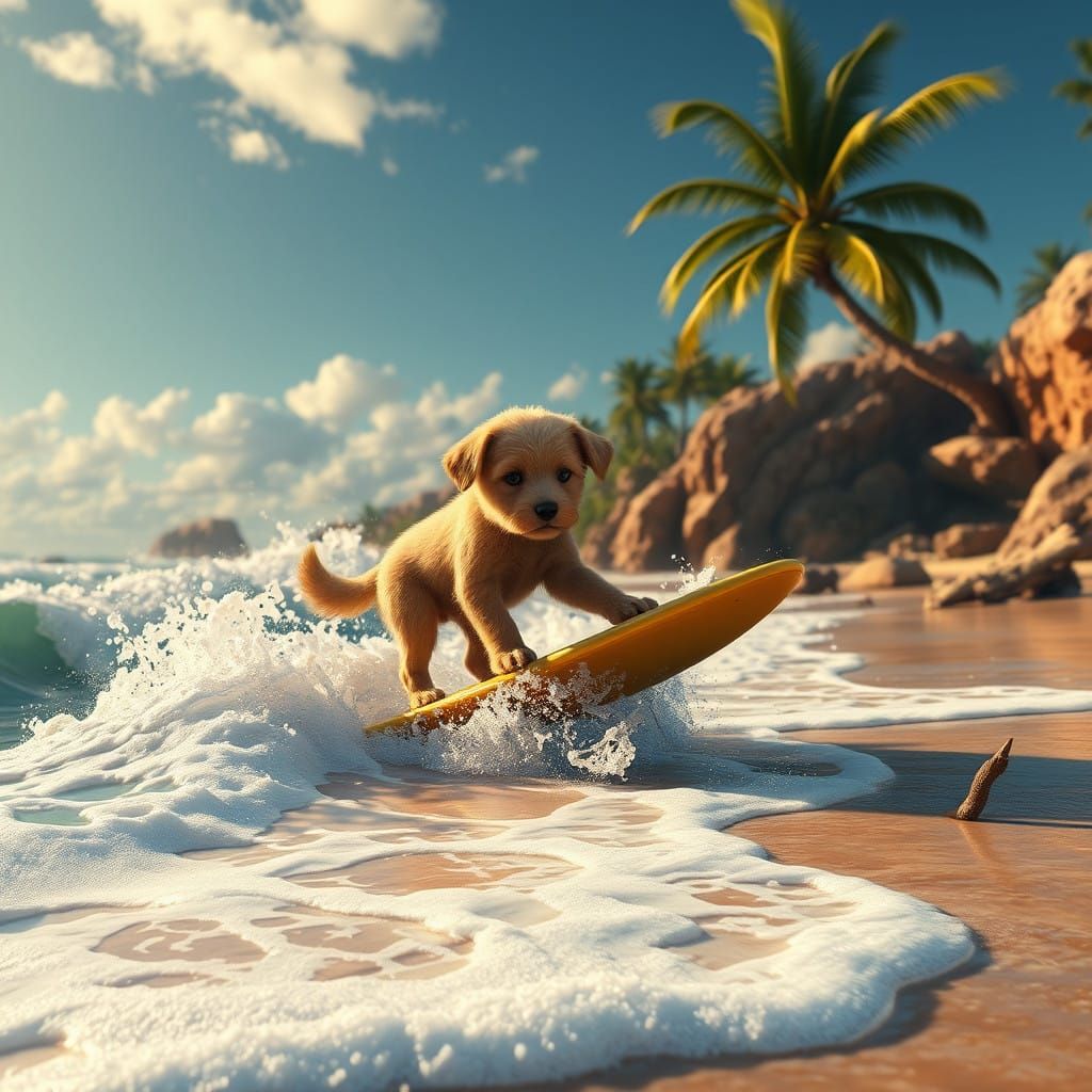 Surreal Beach Scene with Surfing Puppy in Detailed Matte Pai...